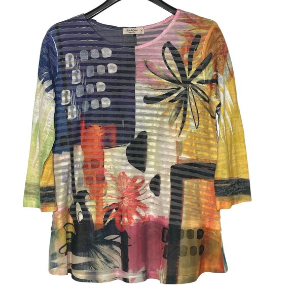 Jess & Jane Floral Layered Mesh Top Sz SM Artsy Art to Wear Spring - Picture 1 of 7